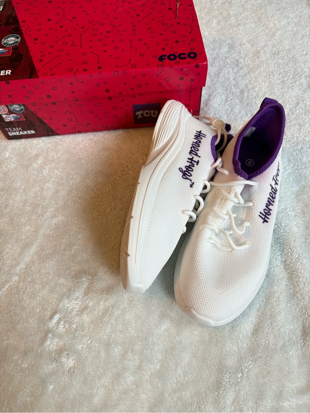 TCU Horned Frogs White Women’s Knit Slip-On Sneakers with Purple Accent